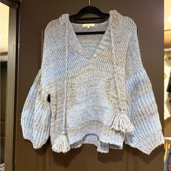 LoveShackFancy Heathered Light Blue V-Neck Tassel Knit Sweater - Picture 3 of 5